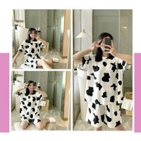 Set Bộ Thun In Hình Bò Sữa Tay Lỡ Kèm Quần Short Unisex Siêu Hot Hit - Quần đùi bò sữa,Freesize