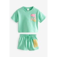 Set bộ thun n-e-x-t bé gái tay ngắn quần đùi màu xanh in hình cá heo