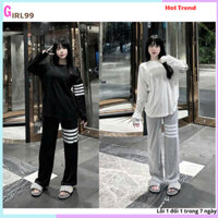 Set bộ thun nam nữ gồm áo thun giấy mix cùng quần dài ống suông hoạ tiết kẻ ngang