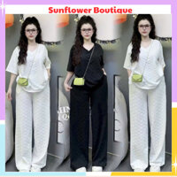 Set bộ thun nữ gồm áo cộc tay cổ tim form dáng rộng mix quần dài ống suông, hoạ tiết eovi xù hot hit