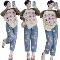 Set Bộ Thun Tay Dài Cotton (gấu dâu) phối quần jean baggy 9 tấc rách in hình nữ
