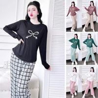 Set Bộ Thun Tay Dài Quần Dài Áo Thêu Nơ Phối Quần Caro Sọc Chất Mango Mịn Mát Cho Nàng Múp Xinh