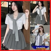 SET bộ thuỷ thủ nữ áo thun trơn kèm khăn quàng cổ phối chân váy xếp ly sang chảnh chất thô nến cao cấp B41 - PANOSI