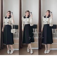 Sét Bộ Tiểu Thư Áo Cổ Sen Nút Thật + Chân Váy