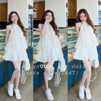 Set bộ trang phục nữ đi chơi áo cổ yếm không tay kiểu voan từng lớp nổi bật quần tapta lưng thun ôm eo tôn dáng dài mini