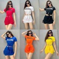 sét bộ váy 2 lớp áo croptop MOCHINO chất dày dặn mềm mịn co giãn, bộ thể thao đồ tập gym yoga aerobic đi chơi đi biển