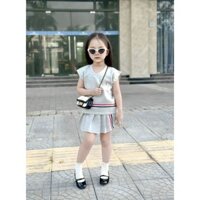 Set bộ váy áo tank top thom brownne, áo ba lỗ kèm chân váy phối dây sọc, set váy xếp ly bé gái, SARA KIDS