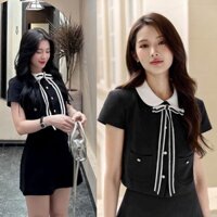 Set bộ váy công sở nữ bigsize 60-90kg áo cổ sen nơ dài dáng ngắn phối chân váy A ngắn có quần trong