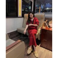Sét bộ váy đầm nữ nỉ cotton đỏ lót lông ấm áp cổ cao form rộng siêu to big size đến 80kg chân váy eo chun dài cao từ 1m6