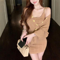 Set bộ váy len 2 dây kèm áo choàng hot trend 2024