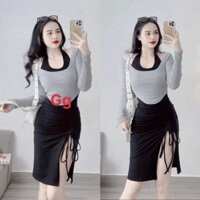 Set bộ váy nữ body cổ yếm rút dây mix áo croptop khoác ngoài 2 tone màu phối tôn da, tôn dáng siêu xinh