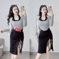 Set bộ váy nữ body cổ yếm rút dây mix áo croptop khoác ngoài 2 tone màu phối tôn da, tôn dáng siêu xinh
