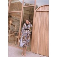 Set bộ versace áo sơmi tay dài cột nơ + chân váy midi xếp li