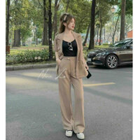 Set bộ vest 3 món kèm lót thời trang nữ chất tuyết mưa cổ vest tay ngắn quần lưng nút 2 túi hông ống đứng dài maxi