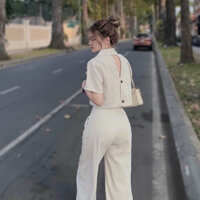 Set bộ vest nữ áo croptop tay ngắn và quần dài ống suông rộng phù hợp đi chơi dự tiệc thanh lịch