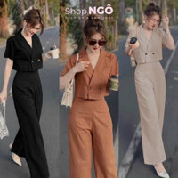 Set bộ vest nữ áo croptop tay ngắn và quần dài ống suông rộng phù hợp đi chơi dự tiệc thanh lịch - SHOPNGÔ FASHION