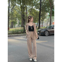 Sét bộ vest thời trang nữ mặc đi chơi chất tuyết mưa (mango) tay ngắn kèm áo lót borip mix quần ống rộng 1 màu QC