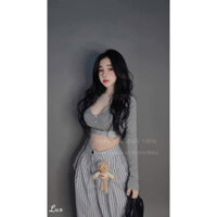 Set Bộ Xám Áo Cổ Tim Viền Tay Dài + Quần Ống Xuông Rộng Sọc Kèm Gấu Bông Hot Hit ByA