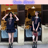 Set Bộ Xanh Than Áo Sơ Mi Cổ Sen Nơ Dài Hàng Loại 1 Mix Chân Váy Bí Phồng Tiều Thư.