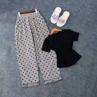 Sét  bộ xinh quần baggy thô nữ cạp chun co giãn họa tiết chấm bi áo thun crop top màu đen