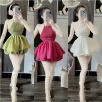 Set bộ yếm áo babydoll và quần phồng kiểu bí chất voan nhún moking thun body