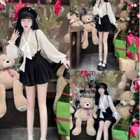 set bộ yếm quần váy mango+áo trắng thắt nơ siêu xinh Top