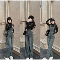 Set bộ yếm thiết kế năng động, trẻ trung cho nàng đi chơi cực xinh, set áo thun gân tay dài cổ lọ phối quần yếm jean dài