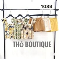 Set bộ ZARA xuất xịn lụa satin Pháp tay bèo cánh tiên hoạ tiết hoa lá xanh, vàng phối quần kaki màu trơn