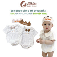 Set body suit Công Tử style Hàn Quốc kèm mũ vương miện thêu tên riêng. Món quà ý nghĩa ngày thôi nôi, đầy tháng cho bé.