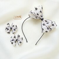 Set Bờm Tóc & 2 Kẹp Tóc Vải Voan Nhũ Hoa Trắng Đen Sang Trọng Xinh Xắn Cho Bé Gái - Lemon Handmade