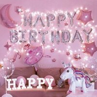 Set Bóng Happy Birthday Ngựa Pony Angel Hồng, Bộ Bóng Trang Trí Sinh Nhật Phụ Kiện Đẹp Có Dây Đèn