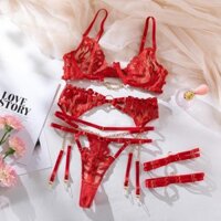 Set bra đỏ Lanier có gọng nâng ngực sexy kèm dây eo đùi PINKLOTUS