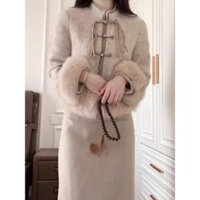 SET CAO CẤP, ÁO KHOÁC CỔ TÀU LÔNG THỎ VÀ CHÂN VÁY DÁNG DÀI. ,MẪU MỚI