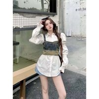 Set cặp 2 món áo sơ mi trắng tay dài bo phối áo jean loang croptop 2 dây TOMBI SHOP