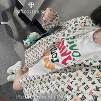 Set cặp áo áo khoác sơ mi họa tiết tay dài + áo thun in chữ tay con 1024 thaotranshop90 [kèm ảnh thật chụp sàn]