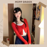 Set cardigan đỏ áo 2 dây hoạ tiết hoa nhí cute thời trang cho Nữ