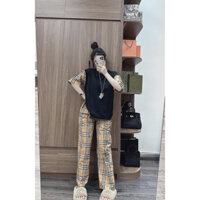 Set caro áo thun phối tay quần suông