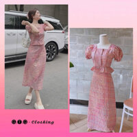 Set caro hồng Áo lai bèo cổ vuông tay phồng + chân váy midi