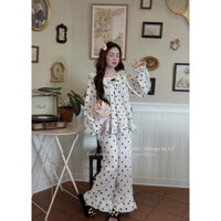 Set Chấm Bi Áo Cổ Bèo Đính Nơ