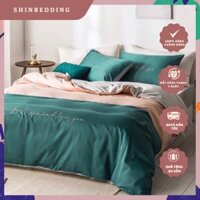 Set Chăn Ga Cotton Lụa Phối Xanh Cam Đào Ga Xám