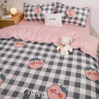 Set Chăn Ga Cotton Poly Đào Mà Hồng Ga Kẻ Caro Trắng Xám Cực Chất Shinbedding.shop - Set 4 món,1.4m-2m,đệm dày&lt;10cm