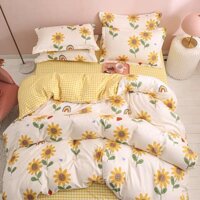 Set Chăn Ga Cotton Poly Hoa Hướng Dương Ga Kẻ Ô Vuông Vàng Mát Bền Cực Độc Shinbedding.shop - Set 4 món,1.4m-2m,đệm dày&lt;10cm