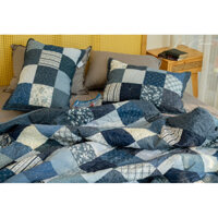 Set chăn gối quilt Ghép ô vuông phối xanh ghi LEE CORNER, vải Thô Hàn 100% cotton, kích thước 2x2,2m