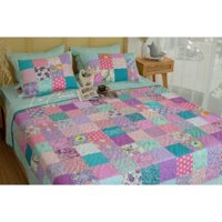 Set chăn gối quilt Ghép ô vuông xanh mint cam chần máy LEE CORNER, vải Thô Hàn 100% cotton, kích thước 2x2,2m
