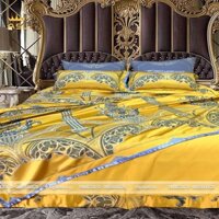 Set Chăn Ra Gối 6 món Satin Gấm Lụa Royal Gold phong cách Hoàng Gia- Hoa Văn Thêu-Màu Vàng Xám -DR0113-DR0114