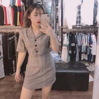 Set chân váy  + áo crop cổ sơ mi nữ