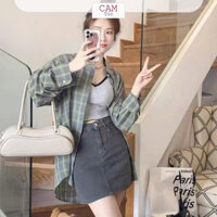 Set Chân Váy Áo Hai Dây Crotop Phối Áo Sơ Mi Sọc Caro, Set Đồ Cho Nữ