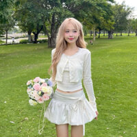 Sét Chân Váy Bí áo CROPTOP Gân Đũa trắng kem 2s ren nơ