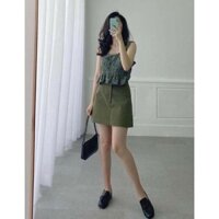 Set Chân Váy Chữ A Kèm Áo 2 Dây Hoa Nhí Xanh