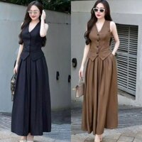Sét chân váy có khóa kéo có túi phối áo kiểu vest sát nách cột dây sau lưng đính nút sang chảnh chất mango